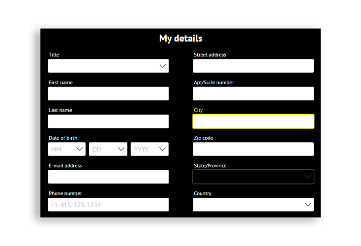 Form for entering personal data