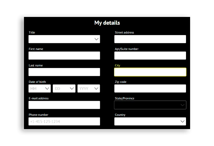 Form for entering personal data